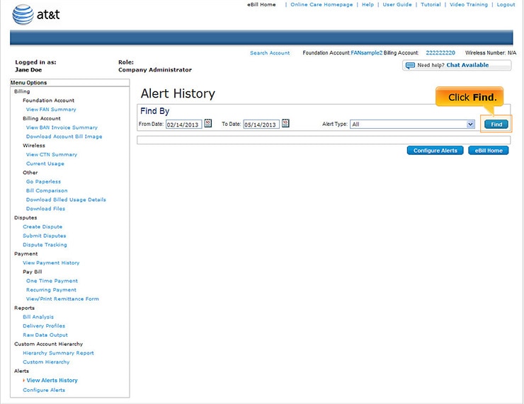 Alert History Page: Click Find.