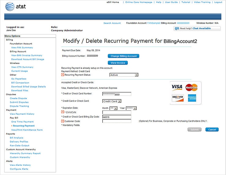 Modify/Delete Recurring Payment Page.
