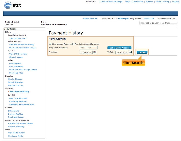 Payment History Page: Click Search.