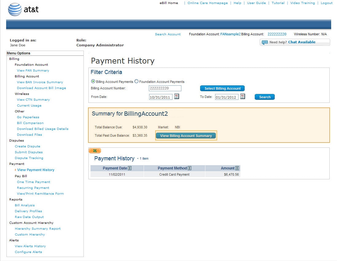 Payment History Page - View Billing/Foundation Account Summary.