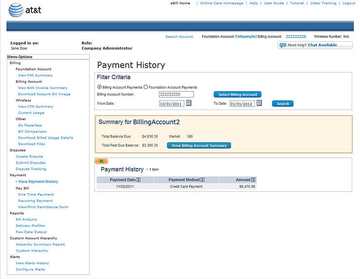 Payment History Page - View Billing Account Summary.