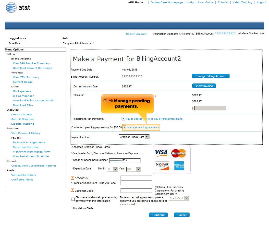 Manage Pending Payments Link.