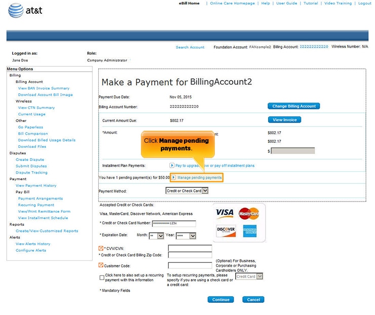 Manage Pending Payments link.